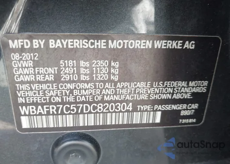 2013 BMW 535I from USA, damaged, VIN WBAFR7C57DC820304